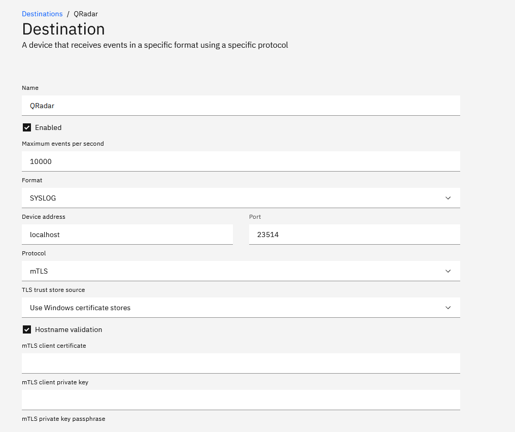 Configuring a TLS connection to a QRadar destination using the Windows
