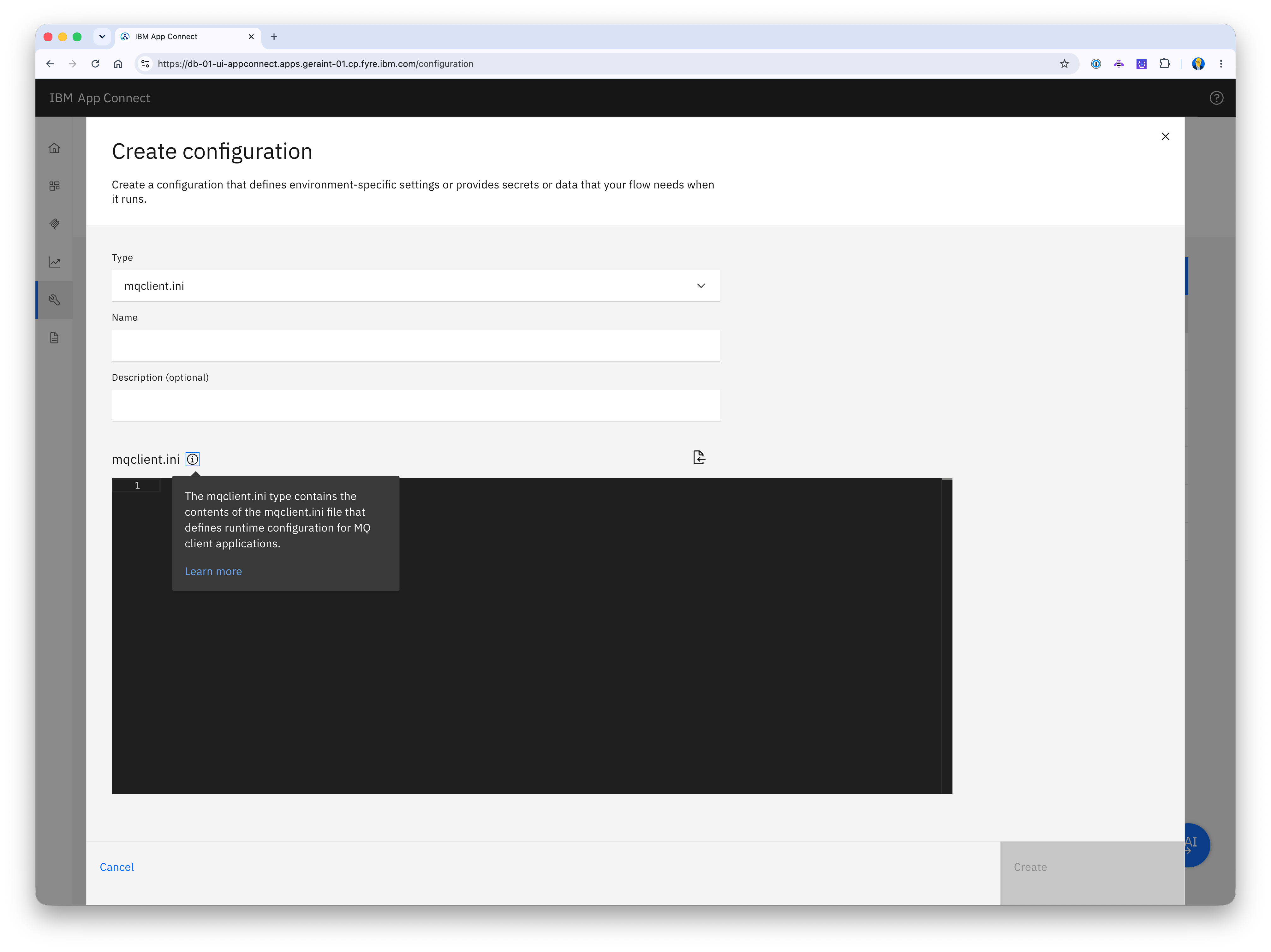 Create Configuration dialog with mqclient.ini selected