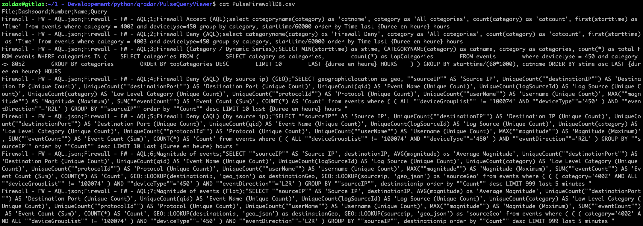 PulseQueryViewer exported csv file output