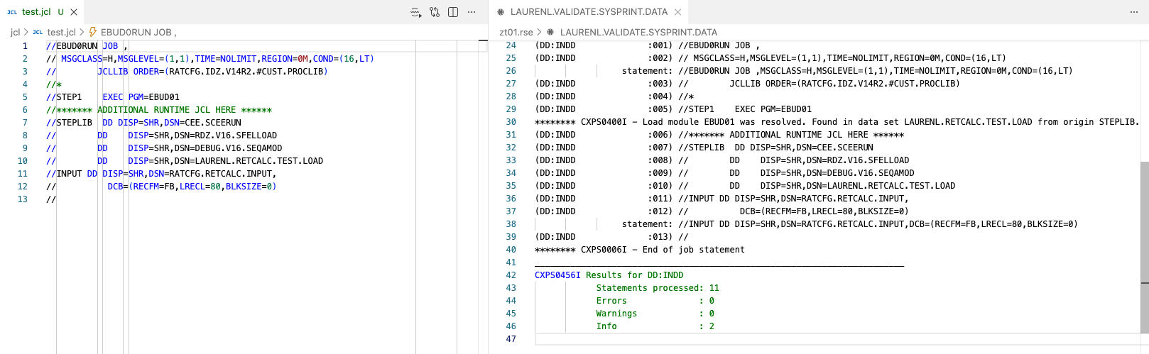 Side-by-side comparison of the original JCL (left) and validated JCL output (right)
