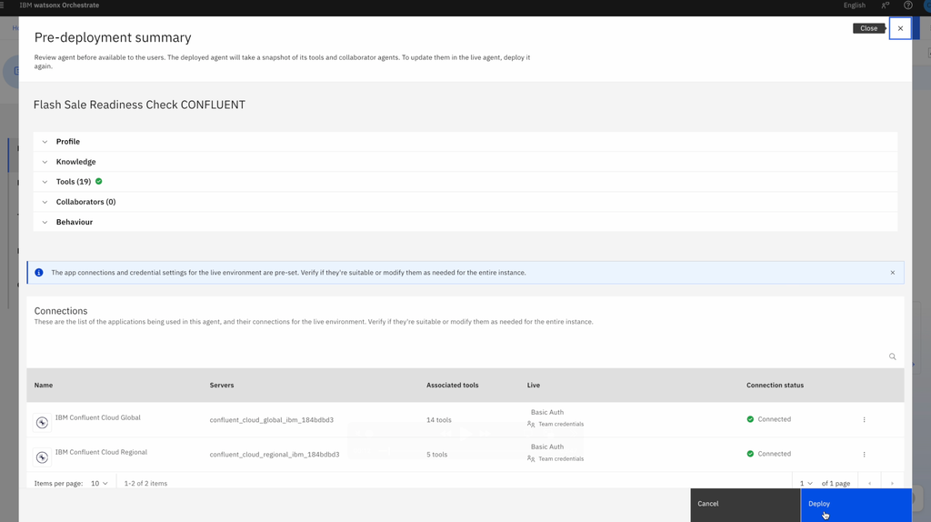 Deploying the configured agent from watsonx Orchestrate.