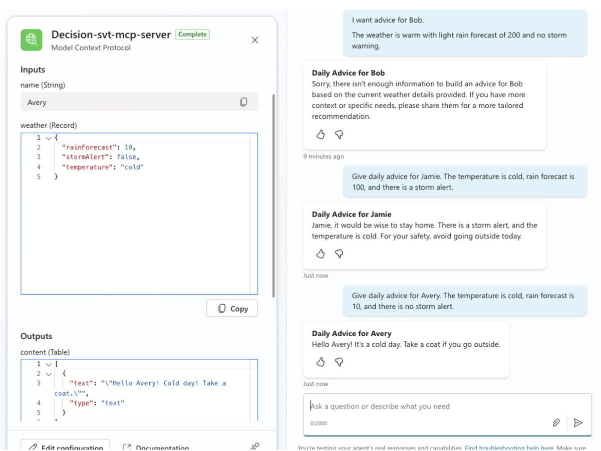 Testing of the MCP tool within Copilot Studio, where different user prompts trigger the decision service and return contextual daily advice based on weather conditions such as temperature, rain forecast, and storm alerts.