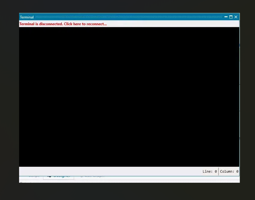 IBM RPA Terminal Window - Terminal is Disconnected Screenshot showing IBM RPA Studio Terminal window (Designer view) with a red message at the top: