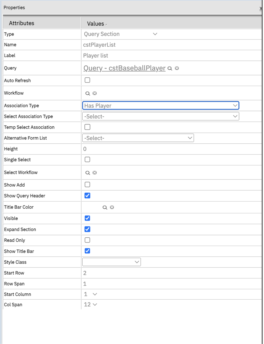 QuerySection settings on cstBaseballTeam form