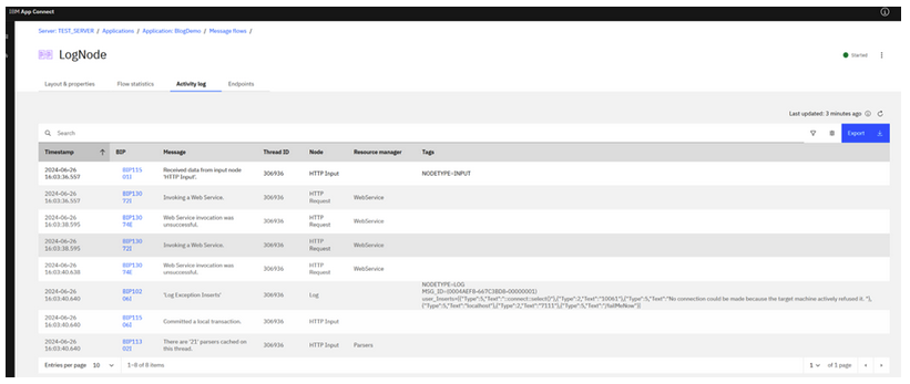 Logging ACE's ExceptionList Inserts (in the Activity log with the Log node)