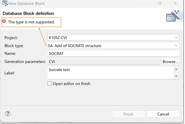 Error in the Database Block creation wizard when the type is not supported