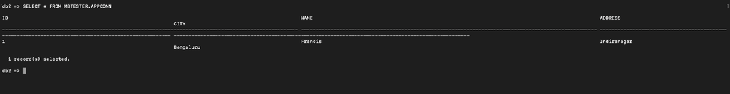 Confirmation of the record creation in the DB2 instance after executing the flow.
