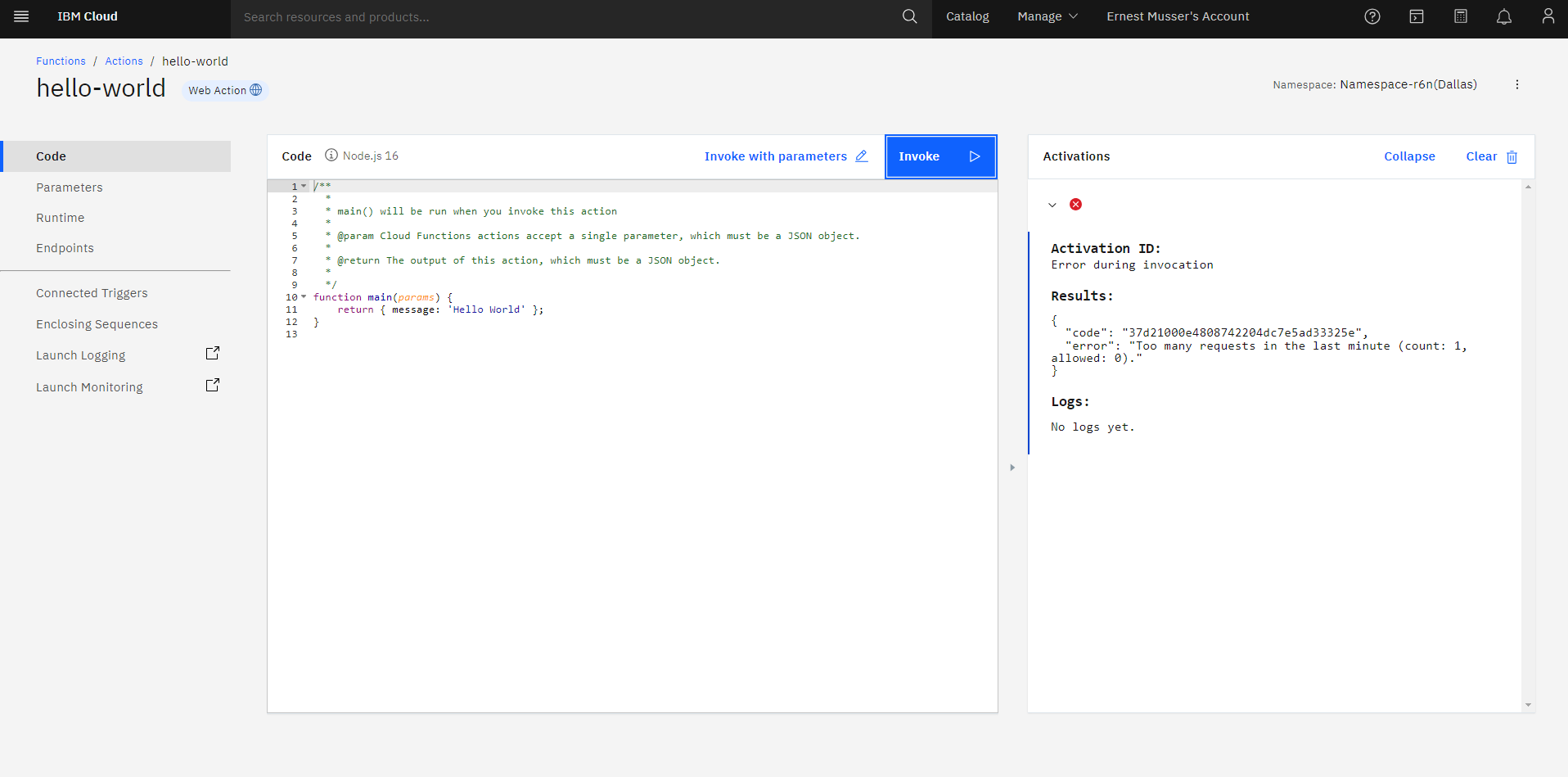IBM Cloud Lite Account Cloud Function issue. | Cloud User Group