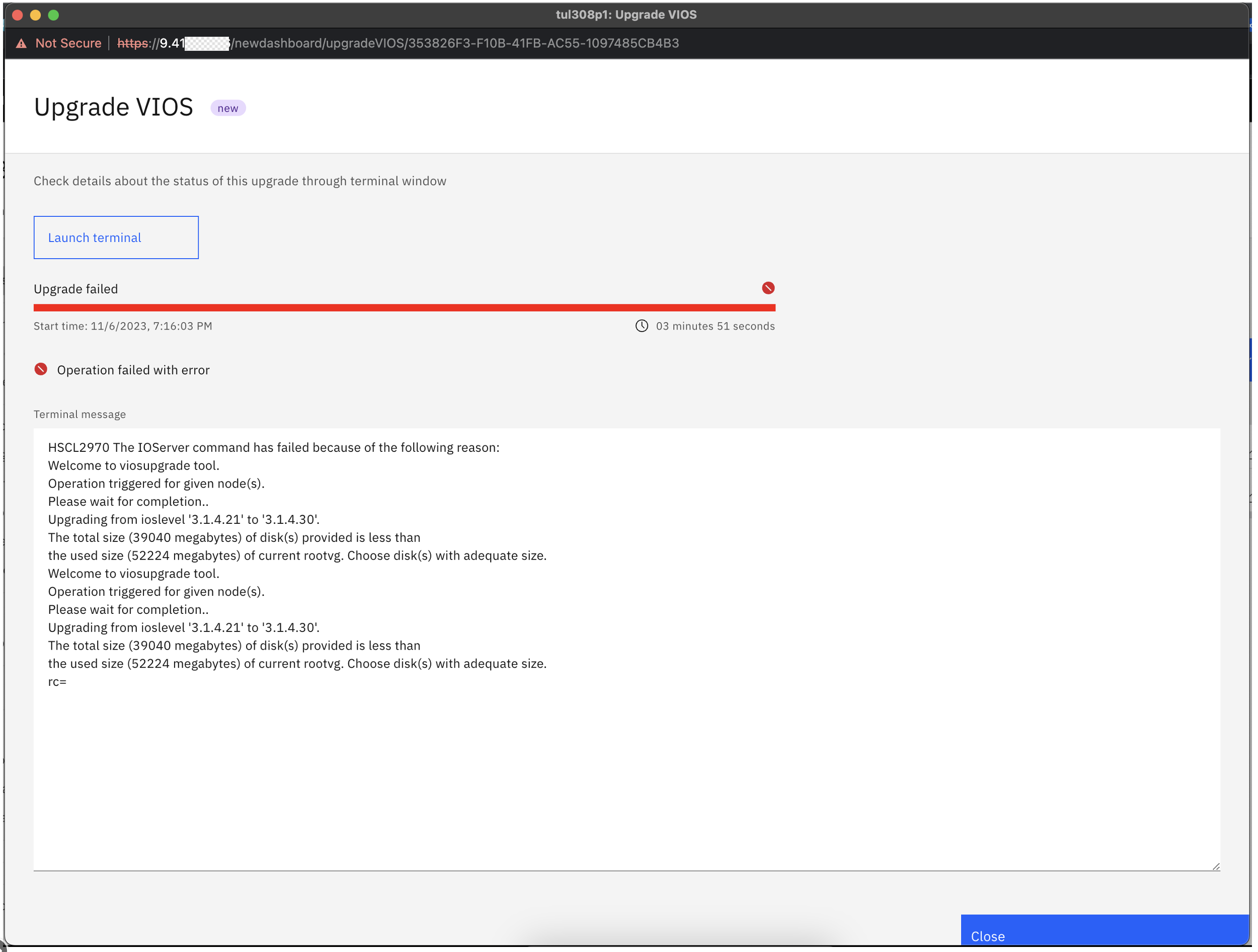 Vios Error Code Upgrade VIOS using HMC