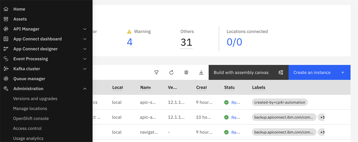 The Administrative section provides direct access to admin tasks, including analytics. The Administrative section provides direct access to license usage, analytics, and other administrative tasks, while the full navigation also provides access to your instances.
