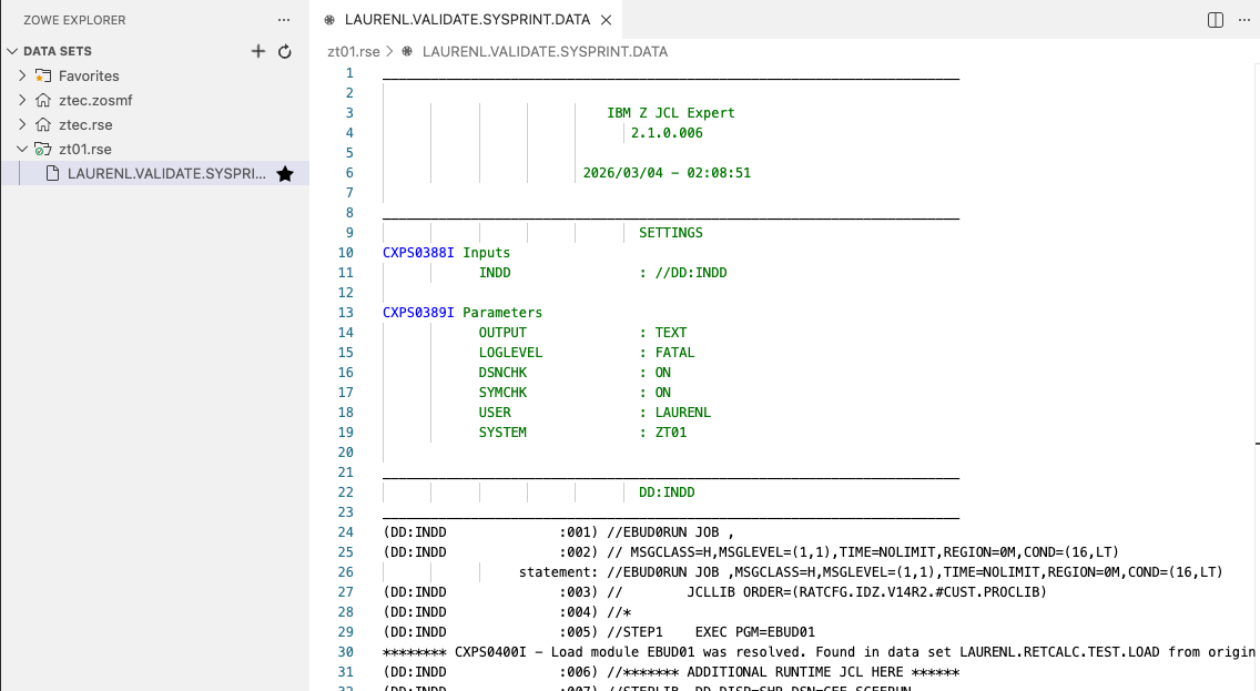 JCL validation results in a sequential data set