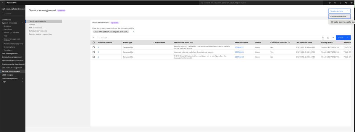 Navigate to create option using serviceable events action button