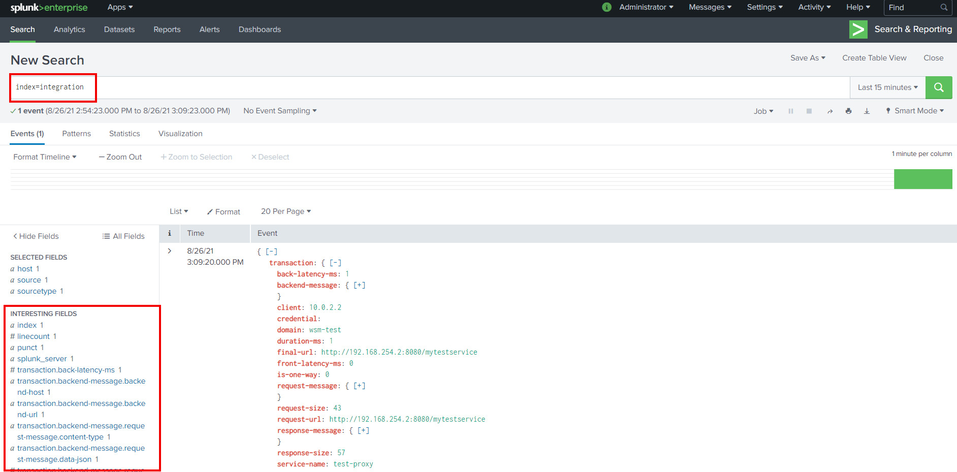Splunk search Splunk search - 15 min window integration index