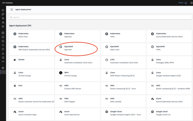 Builtin operator deployment choices from Instana UI