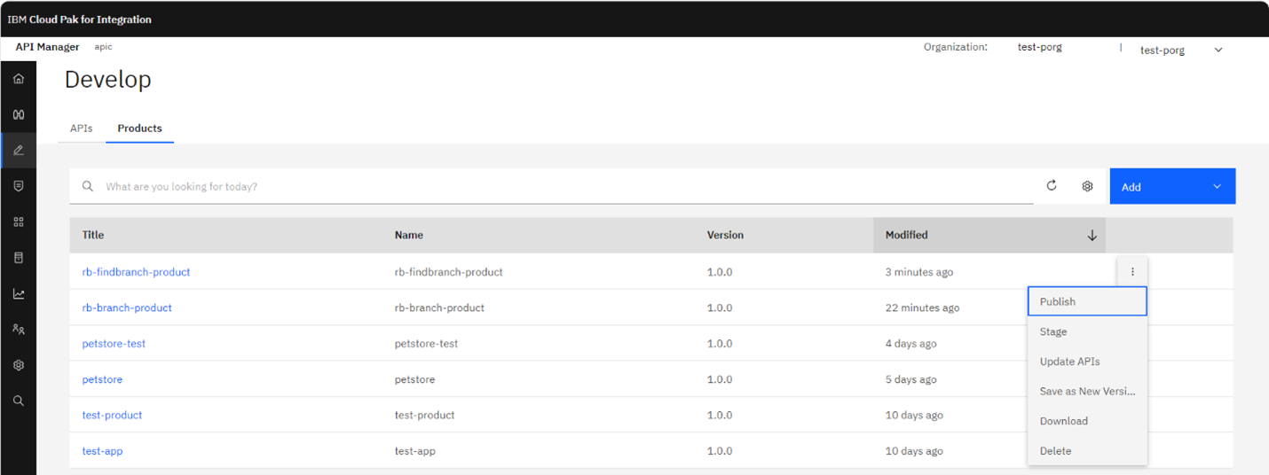 API Manager Products screen