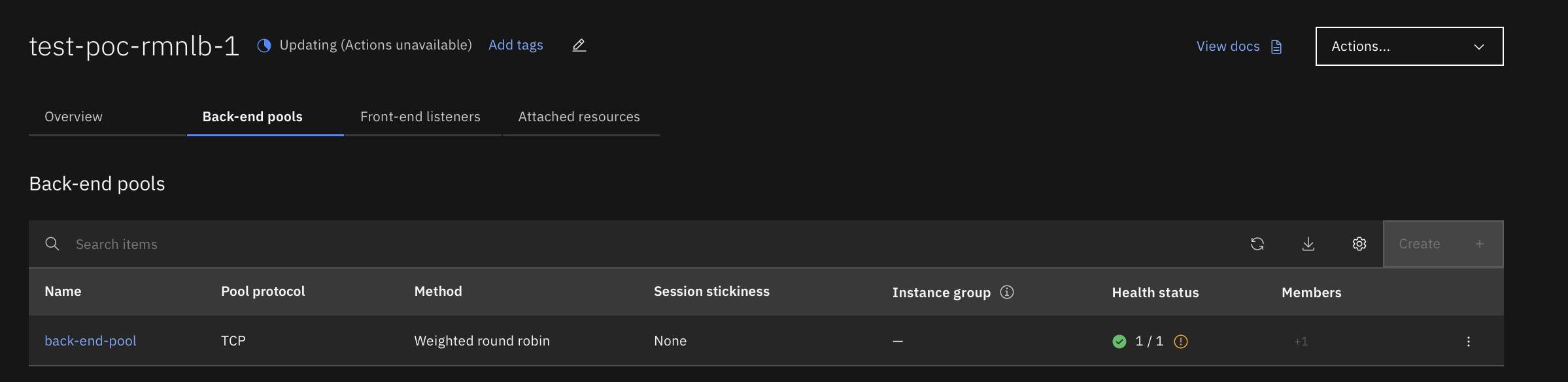 RMNLB Back-end Pool — IBM Cloud VPC console showing the back-end pool with TCP protocol, Weighted Forwarding algorithm, Session stickiness: None, and Health status 1/1 healthy