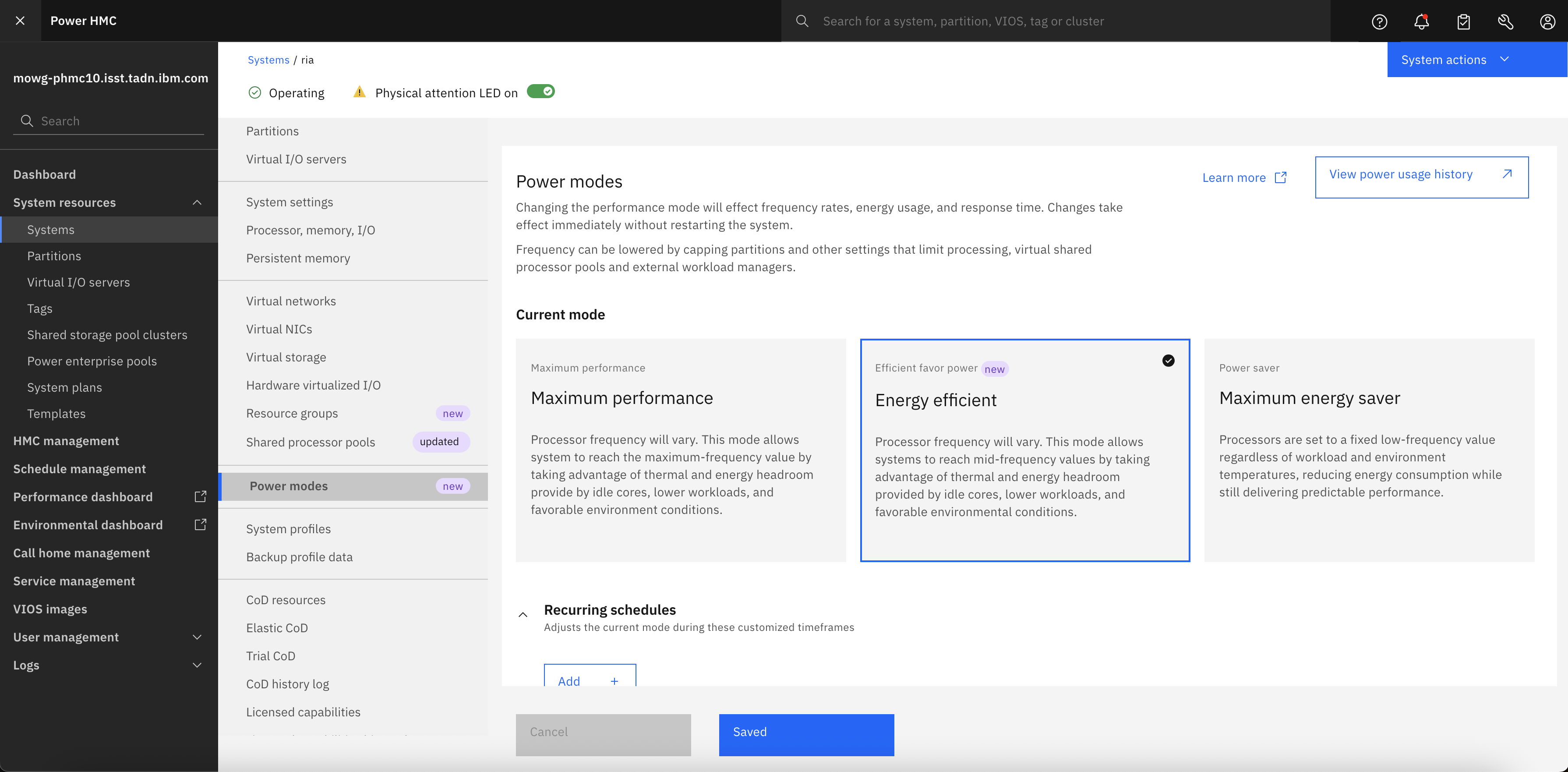 Power modes menu and its landing page