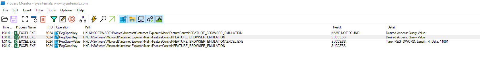 Registry Entries being used by Excel's process.