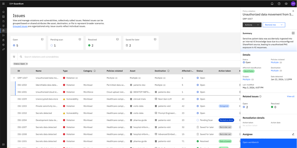 IBM Guardium Exposure Manager Issues View