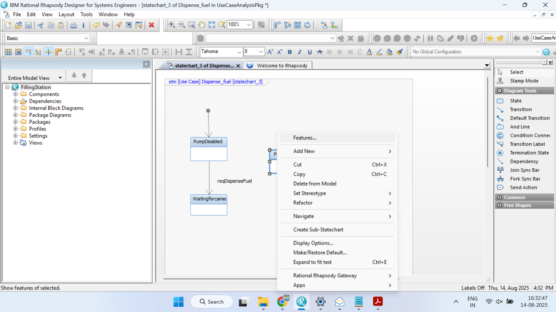  This image depicts the crashing during clicking the Feature for UseCaseAnalysisPkg.