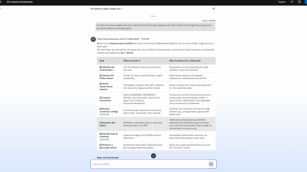The deployed agent running a readiness check against the orders pipeline in Confluent Cloud.