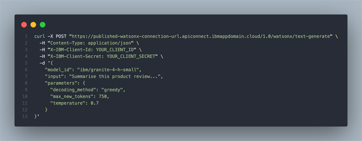 Example curl command to call your published watsonx provider endpoint