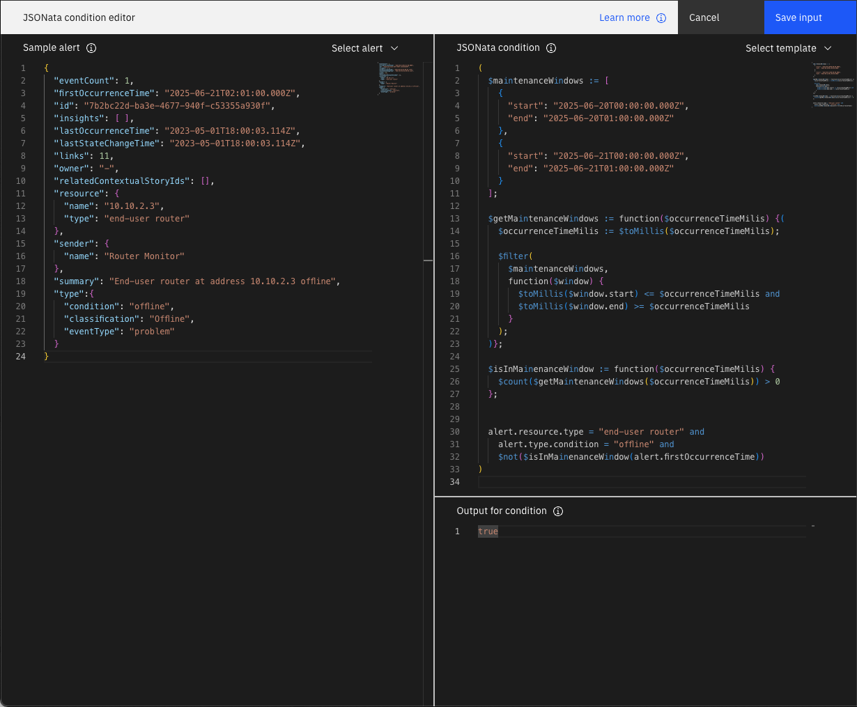 Screenshot showing the JSONata condition editor