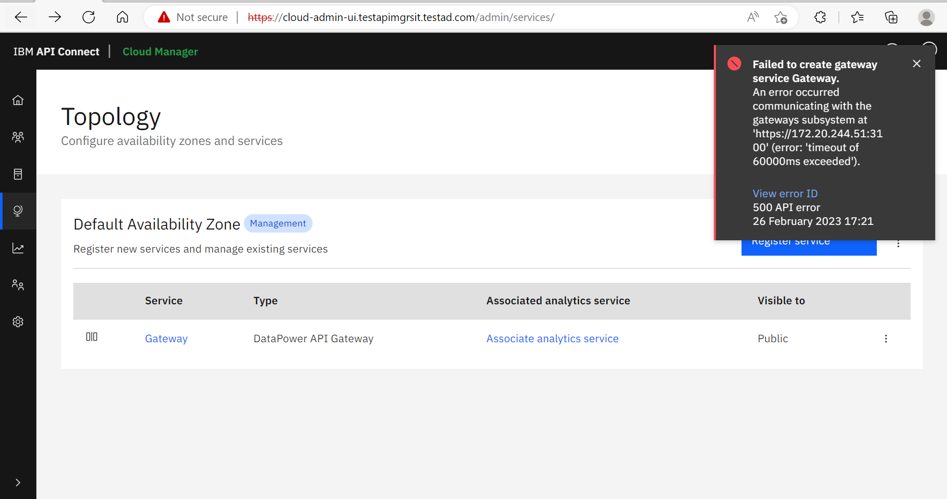 Datapower Gateway registration error in API Cloud manager