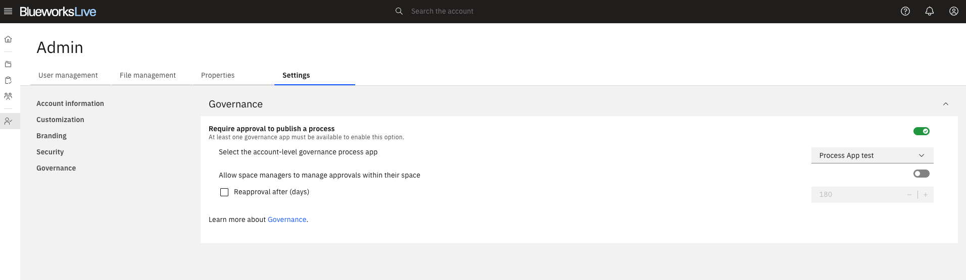 Admin page Governance section