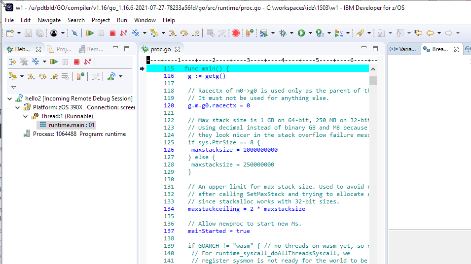 Debugging a Go program with z/OS Debugger
