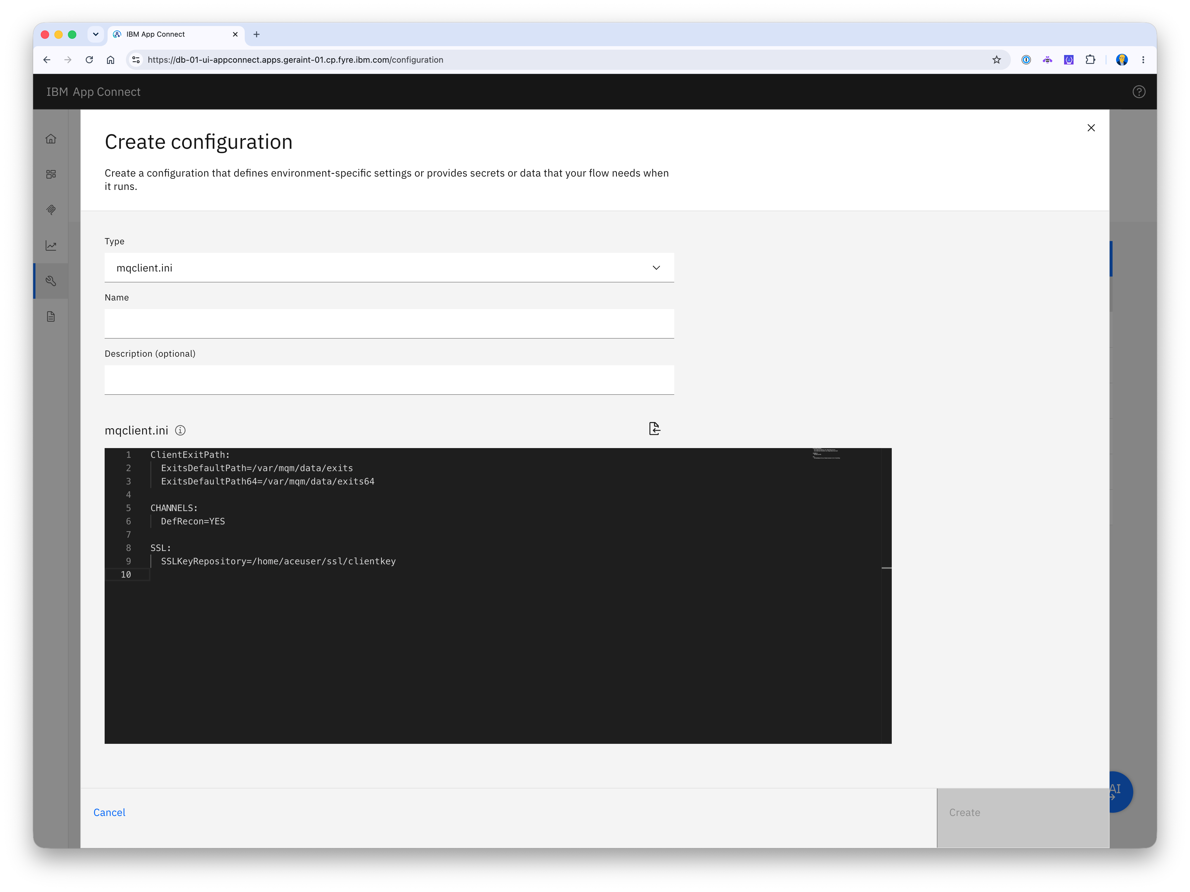 mqclient.ini configuration editor showing sample file contents