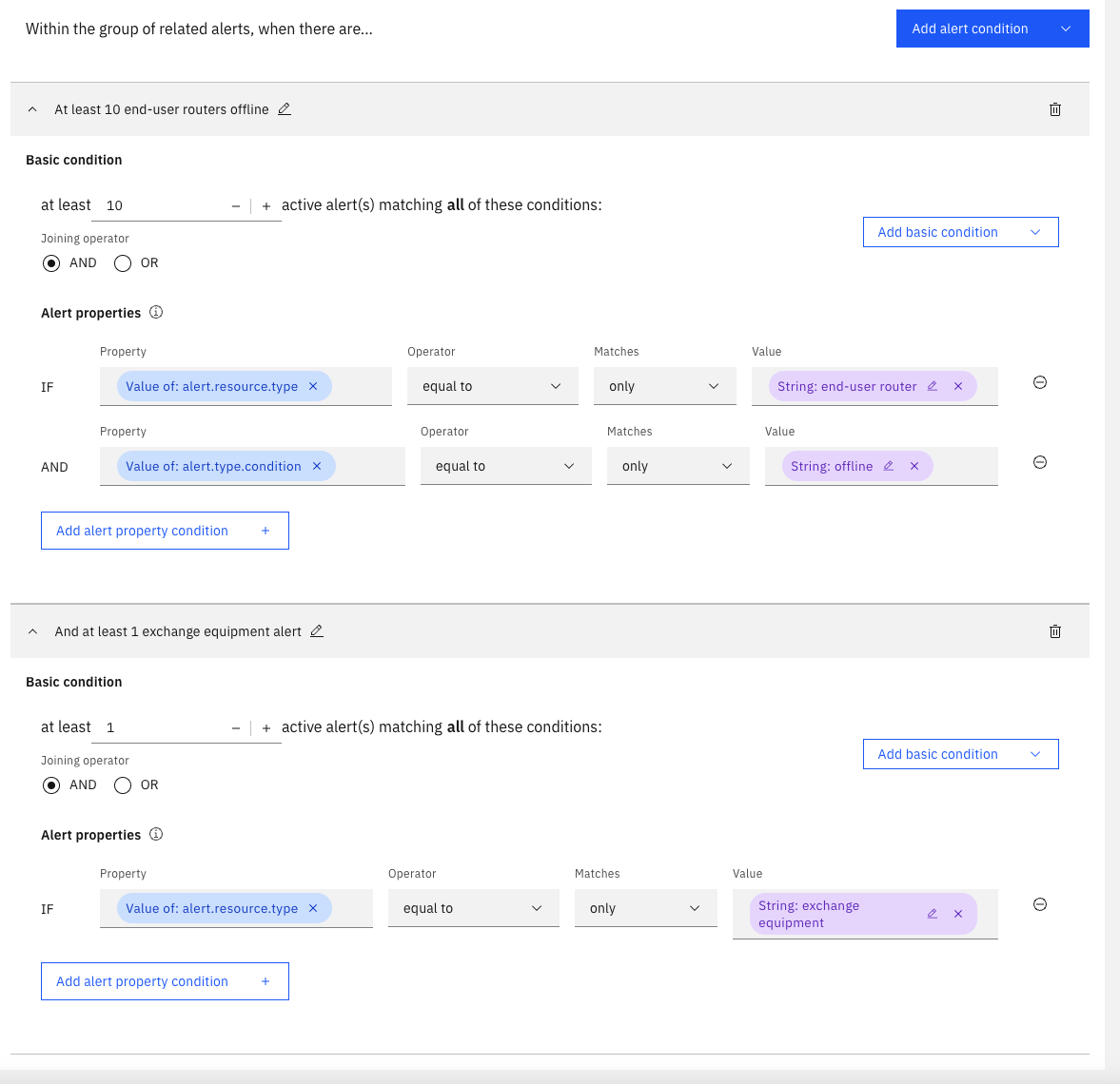 Screenshot showing incident creation policy with multiple alert conditions