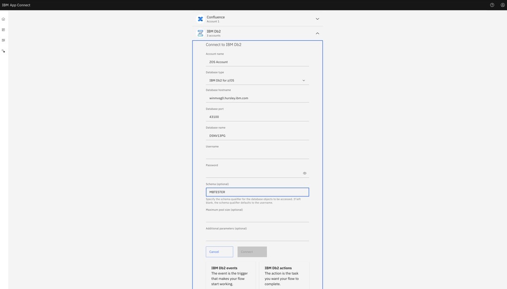 Displays the DB2 connector setup with account creation details specific to DB2 on z/OS.