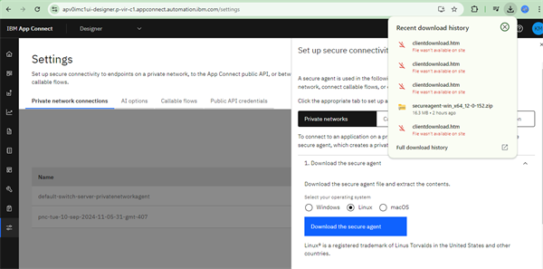 Unable to download the secure agent configuration file for Linux from ...