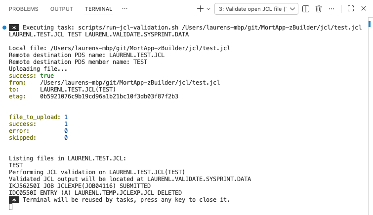 Console output of the 'Validate open JCL file' task