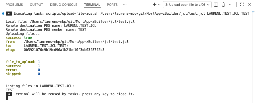 Output of the 'Upload open file to z/OS' task