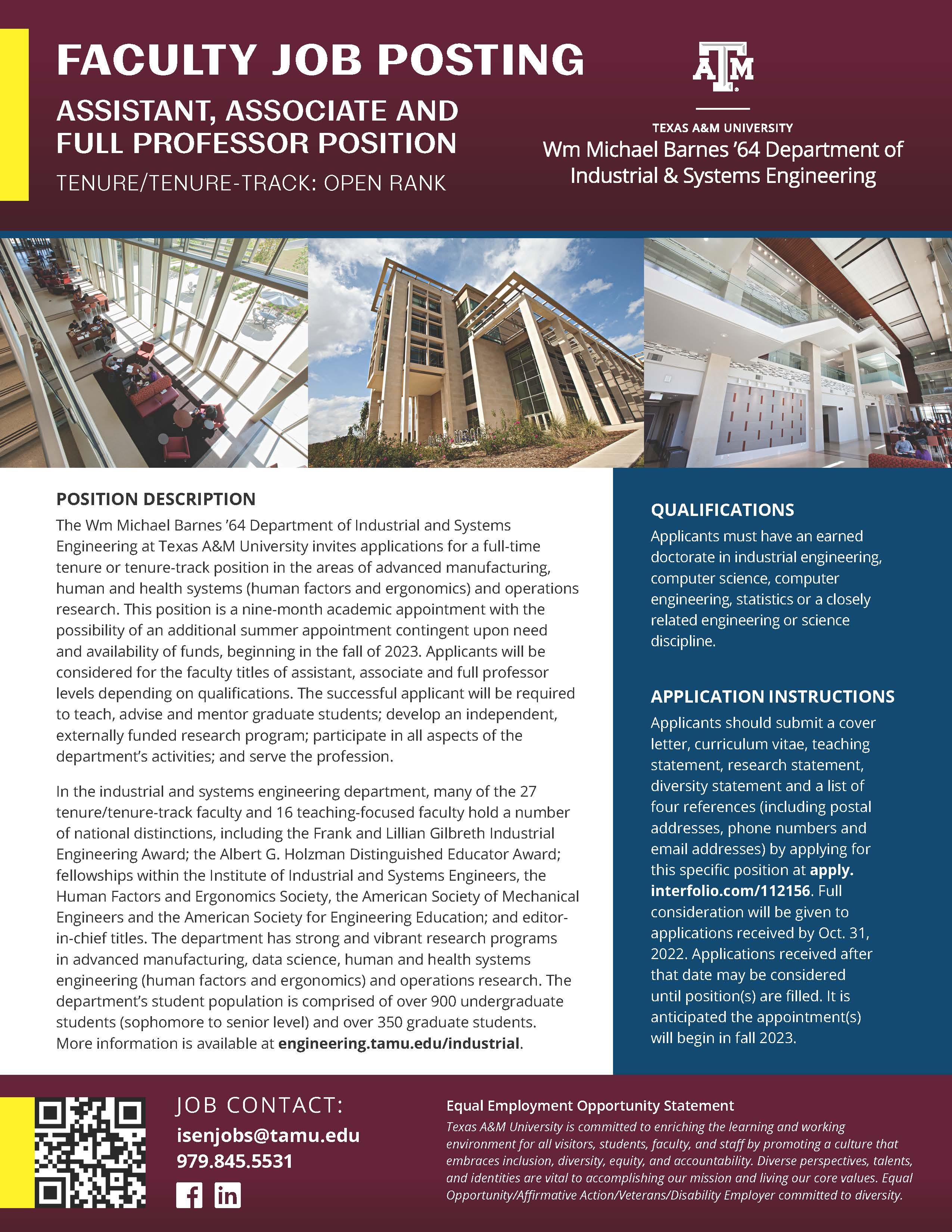 Tenure/Tenure-Track: Open Rank Position at Texas A&amp;M University 