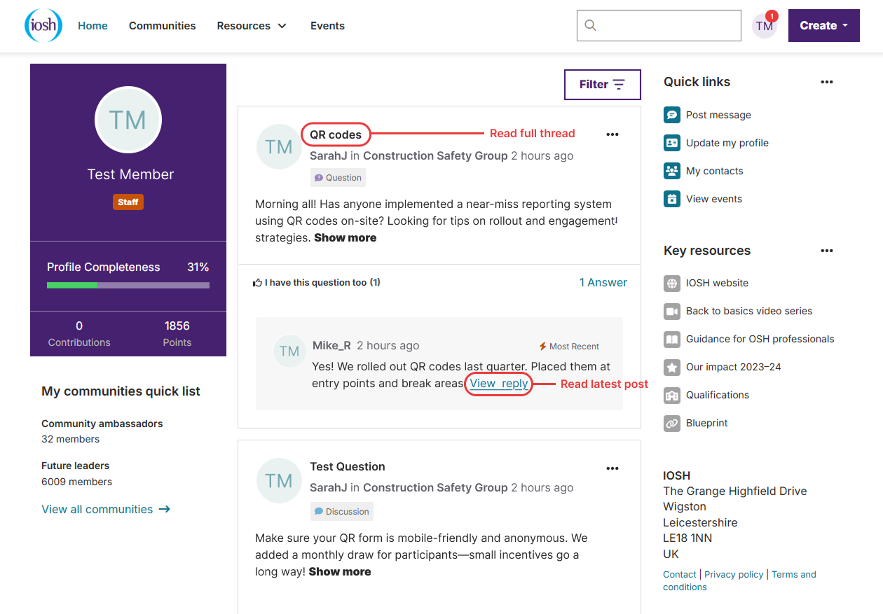 Screen shot of online communities feed