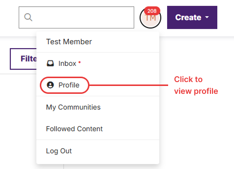Screenshot of online community profile menu