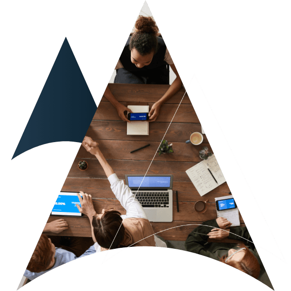 An arrow with an image of people with gadgets like laptop, tablet etc