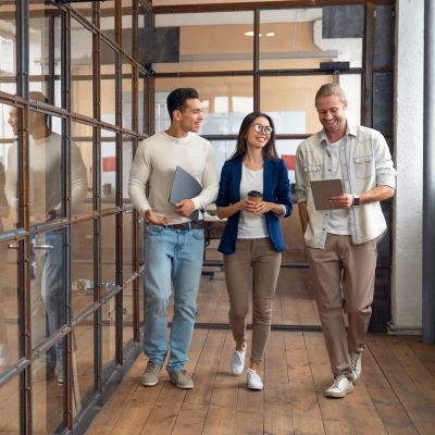 Young adults walking down a hallway