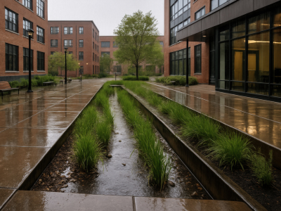 Apartment complex with bioswale for rainwater collection.