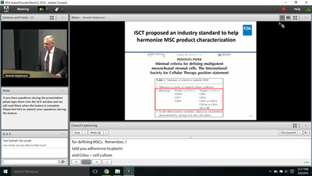 FDA Ground Rounds presenting "ISCT Proposed an industry standard to help harmonize MSC product characterization"