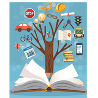 Open book with a tree shaped like a pencil pointing at it.  Various transportation-related images at the tips of the branches on the tree.