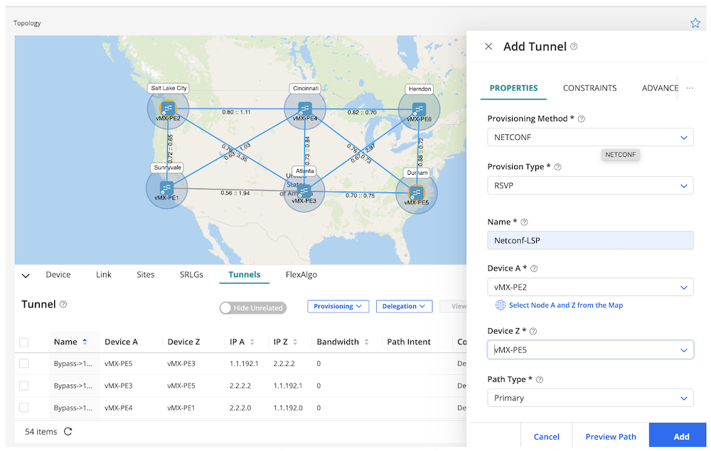 Figure 13 - RD GUI for NETCONF Tunnel Provisioning Flow