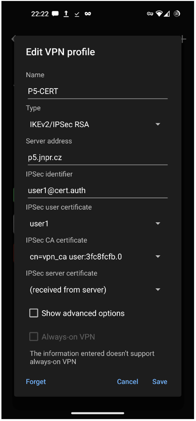 Figure 4: Certificate Authenticated VPN Settings