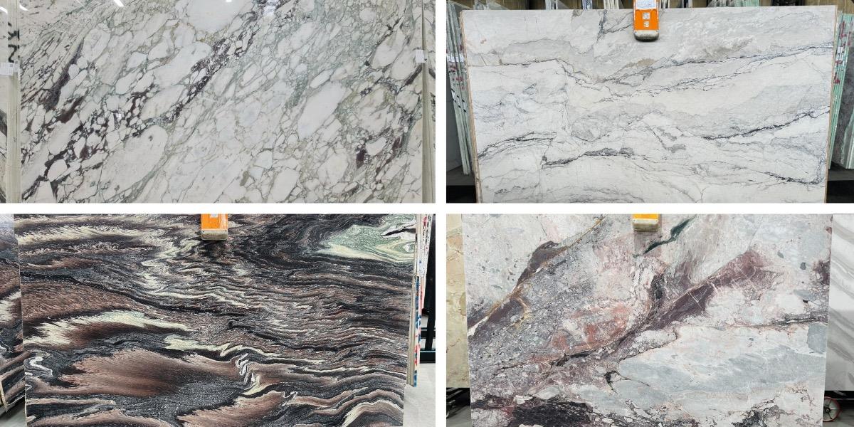 Calacatta Monet, Camouflage Honed Dolomite, Cipollino, Four Seasons