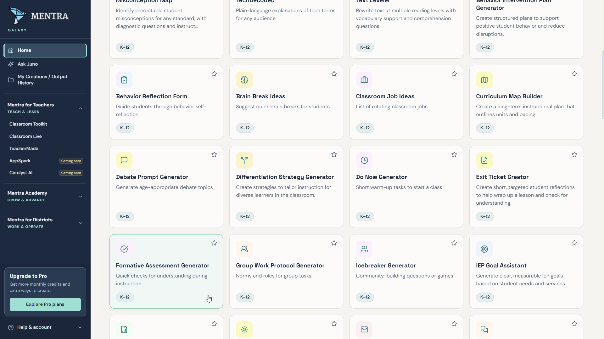 Mentra formative assessment generator tool