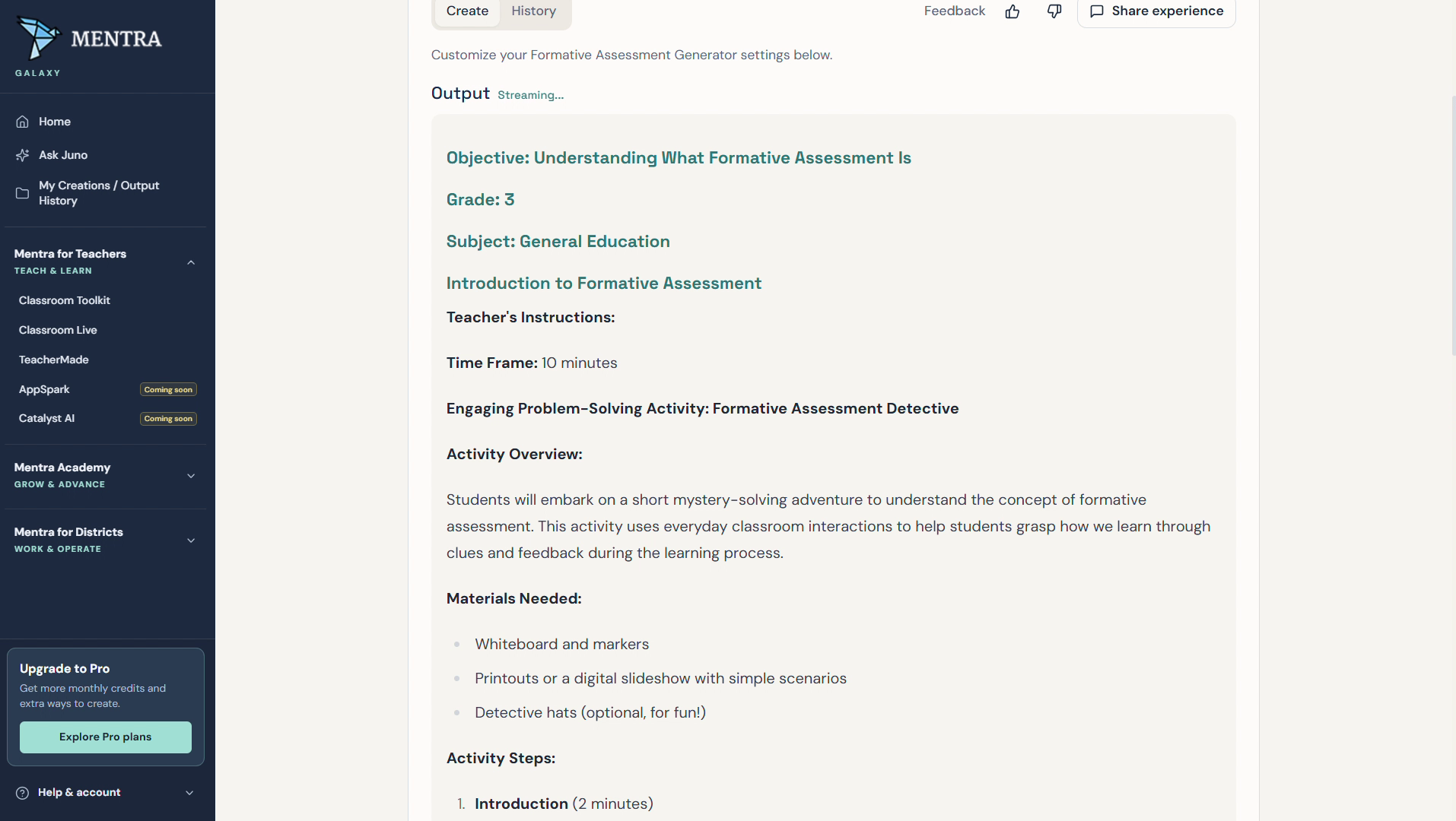 Mentra review generated formative assessment activity