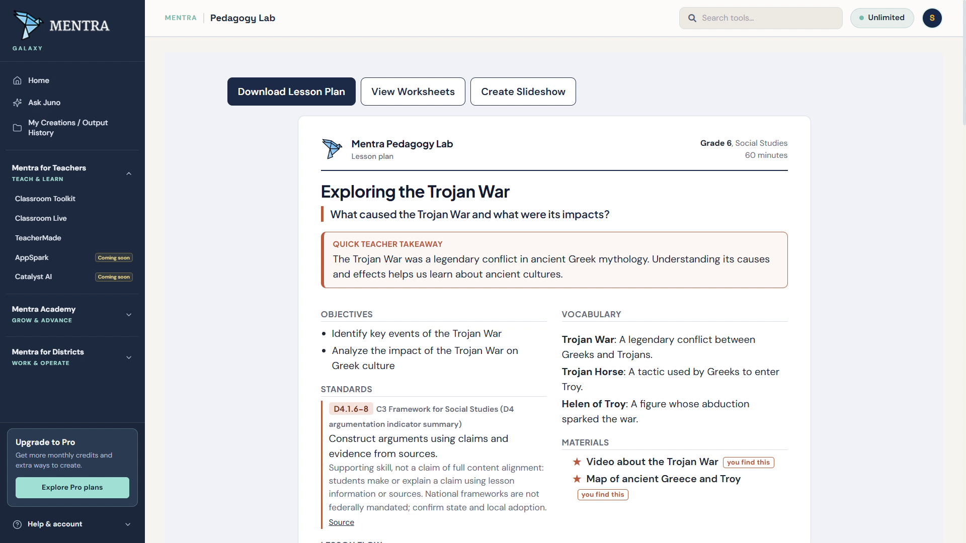 Mentra lesson plan review screen